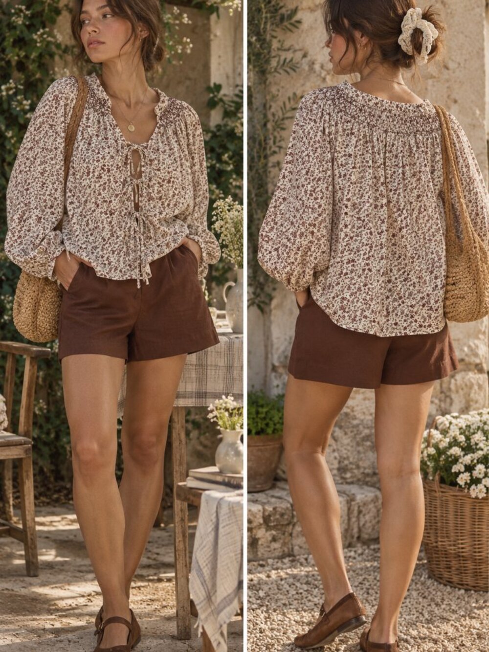 Universal Thread & A New Day 2pc Set Floral Blouse M Shorts 8 Boho Cottagecore